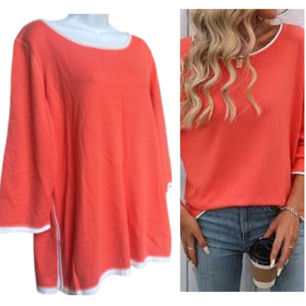 All Season Knit Sweater Lightweight Vibrant Coral Orange White Womens Size XL